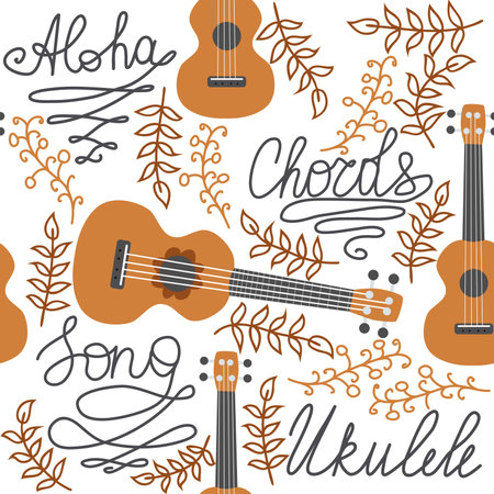 Ukulele seamless pattern, ukulele. Pattern with monstera, leaves, flowers notes inscriptionsのイラスト素材
