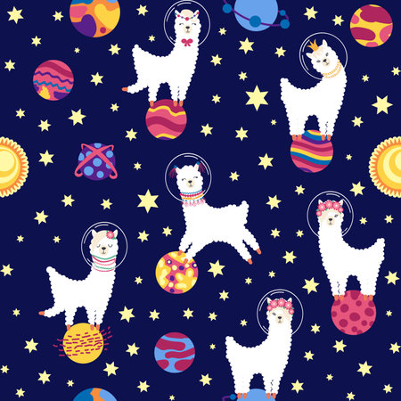 Seamless pattern with lama in a rocket, in space. Lama travels, adventures among the stars. Cute pattern with alpaca in the sky.のイラスト素材