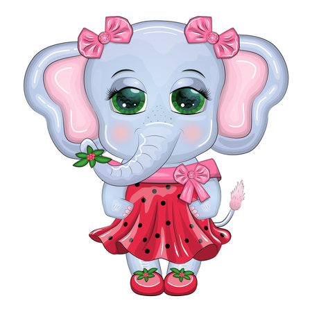 Cute cartoon elephant girl, children's character in a beautiful dress.のイラスト素材