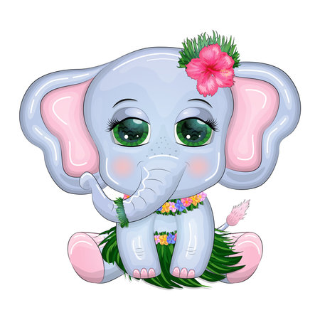 Cute cartoon elephant, childish character with beautiful eyes in Hawaiian costume, beach and vacation.のイラスト素材
