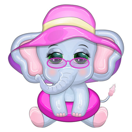 Cute cartoon elephant, children's character in a swimming circle and panama hat, summer, vacation, beach.のイラスト素材