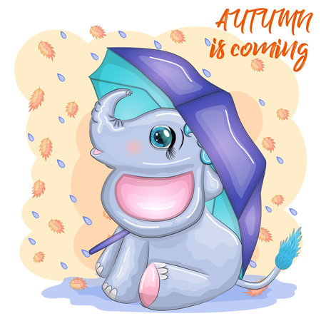 Cute cartoon elephant, childish character with beautiful eyes with umbrella, autumn.のイラスト素材