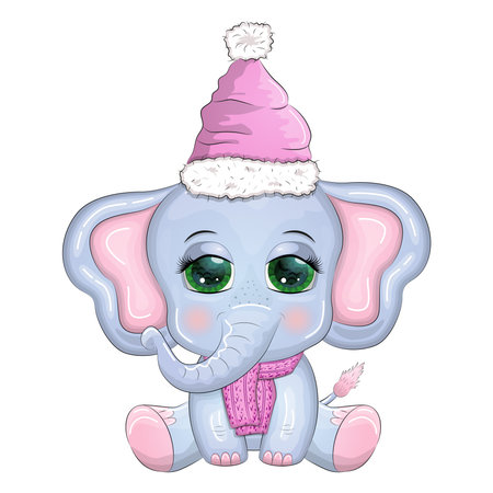 Cute cartoon elephant, childish character with beautiful eyes wearing santa hat, scarf, holding gift, christmas ball or candy cane. The concept of the holiday of Christmas and New Yearのイラスト素材