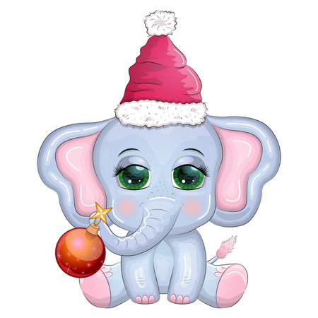 Cute cartoon elephant, childish character with beautiful eyes wearing santa hat, scarf, holding gift, christmas ball or candy cane. The concept of the holiday of Christmas and New Yearのイラスト素材