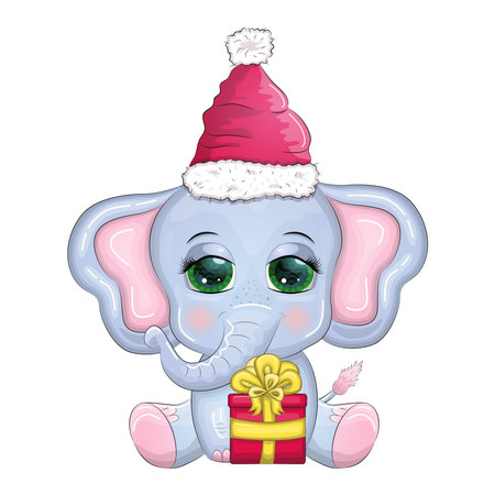 Cute cartoon elephant, childish character with beautiful eyes wearing santa hat, scarf, holding gift, christmas ball or candy cane. The concept of the holiday of Christmas and New Yearのイラスト素材