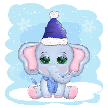 Cute cartoon elephant, childish character with beautiful eyes wearing santa hat, scarf, holding gift, christmas ball or candy cane. The concept of the holiday of Christmas and New Yearのイラスト素材