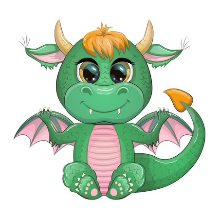Cute cartoon green baby dragon with horns and wings. Symbol of 2024 according to the Chinese calendar. Funny mythical monster reptileのイラスト素材