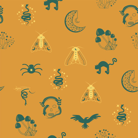 Magic and heaven seamless pattern, with magical elements such as snake, eye, tarot cards, hand, skull, potion, moon, butterfly, mushrooms, stars. Symbols and elements of the witchcraft theme.のイラスト素材