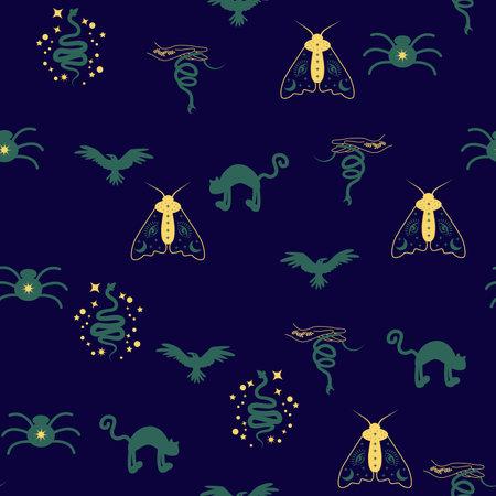 Magic and heaven seamless pattern, with magical elements such as snake, eye, tarot cards, hand, skull, potion, moon, butterfly, mushrooms, stars. Symbols and elements of the witchcraft theme.のイラスト素材