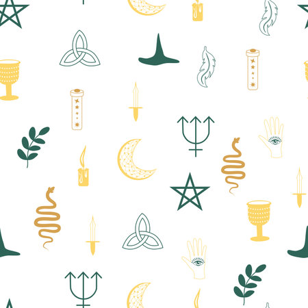 Magic and heaven seamless pattern, with magical elements such as snake, eye, tarot cards, hand, skull, potion, moon, butterfly, mushrooms, stars. Symbols and elements of the witchcraft theme.のイラスト素材