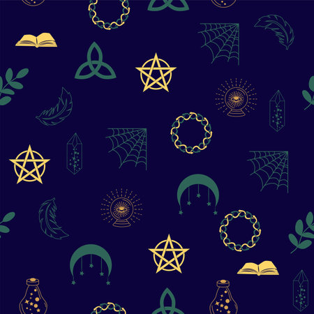 Magic and heaven seamless pattern, with magical elements such as snake, eye, tarot cards, hand, skull, potion, moon, butterfly, mushrooms, stars. Symbols and elements of the witchcraft theme.のイラスト素材