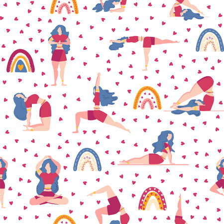 Yoga seamless pattern woman is engaged. Yoga poses, lotus, monstera, leaves, paisley ornament, lettering. Health of mind and bodyのイラスト素材