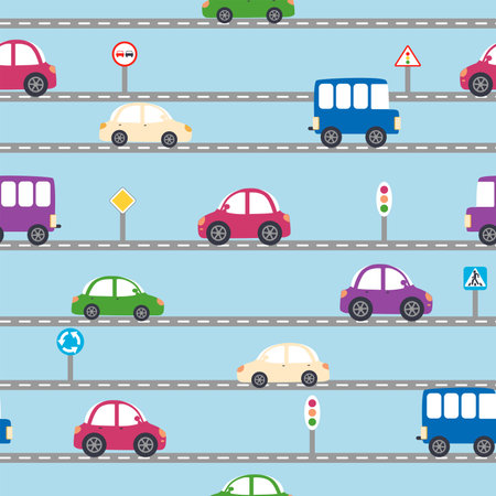 Cars, buses, trains, houses and roads, city seamless childish pattern. Cute illustrations for children's room design, postcards, clothesのイラスト素材