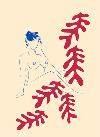 Matisse-inspired female figures in different poses with flowers in a minimalist style.のイラスト素材