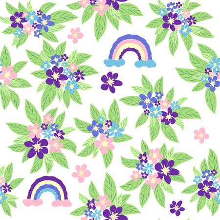 Floral seamless pattern with titian, lavender, blue, purple chamomile flower and leaves on pastel background.のイラスト素材