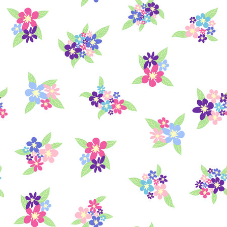 Seamless meadow pattern with flowers with pink, lavender, blue, purple chamomile flower and leaves. Childish, feminine, gentleのイラスト素材