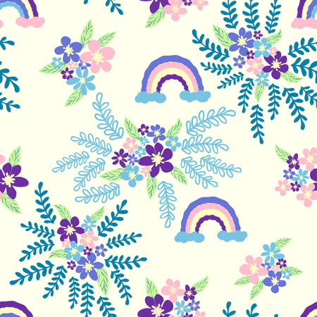 Floral seamless pattern with titian, lavender, blue, purple chamomile flower and leaves on pastel background.のイラスト素材