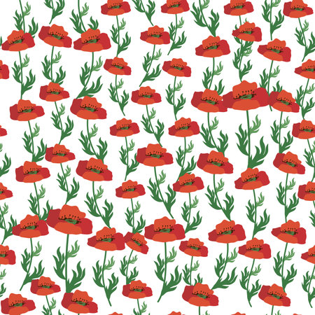 Summer seamless pattern with bright red poppy flowers and poppy pods. Field, meadow of poppies.のイラスト素材