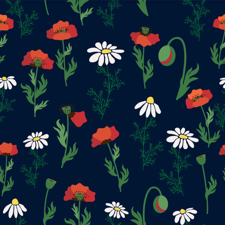 Seamless pattern with red poppies, white chamomile flowers, yellow rudbeckia. Summer flower field, meadow. Print for textile, fabric, wrapping gift paper.のイラスト素材