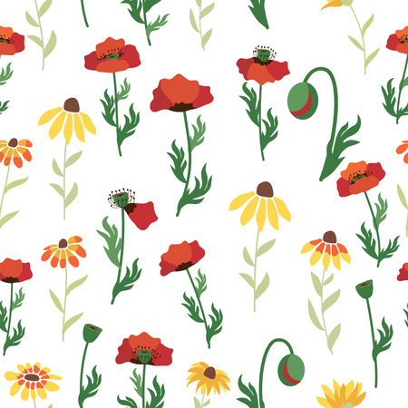 Seamless pattern with red poppies, white chamomile flowers, yellow rudbeckia. Summer flower field, meadow. Print for textile, fabric, wrapping gift paper.のイラスト素材