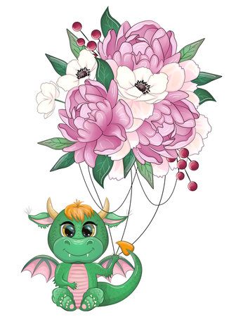 Green dragon and flying bouquet, new year card 2024 with dragon and flowers. Anemones, peonies, pansies, magnoliaのイラスト素材