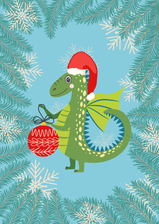 Christmas card with cute green dragon. Year of the Dragon 2024, China.のイラスト素材