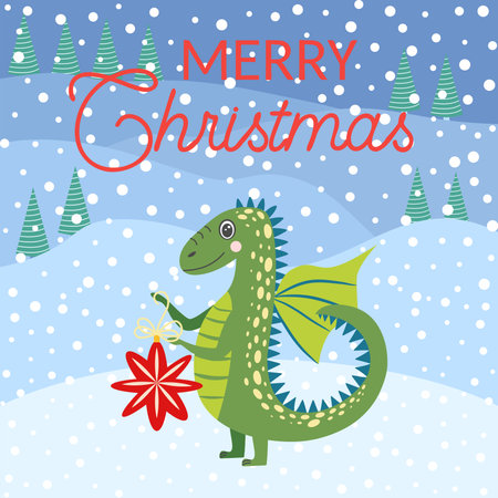 Christmas card with cute green dragon. Year of the Dragon 2024, China.のイラスト素材