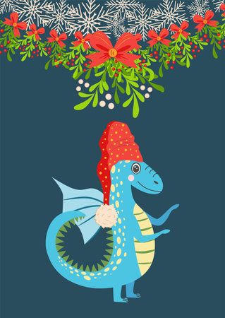 Christmas card with cute dragon. Year of the Dragon 2024, Chinaのイラスト素材