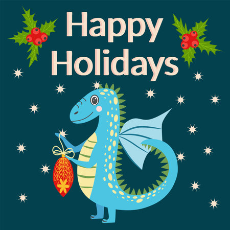 Christmas card with cute dragon. Year of the Dragon 2024, Chinaのイラスト素材