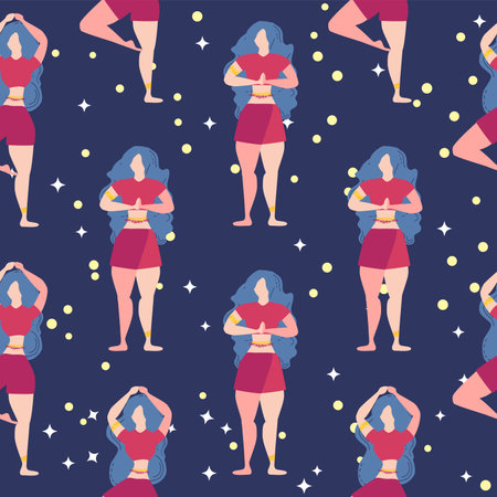 Seamless pattern Plus size curvy girls doing yoga class. Online home workout concept. Body positive. Attractive American woman.のイラスト素材