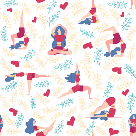 Seamless pattern Plus size curvy girls doing yoga class. Online home workout concept. Body positive. Attractive American woman.のイラスト素材