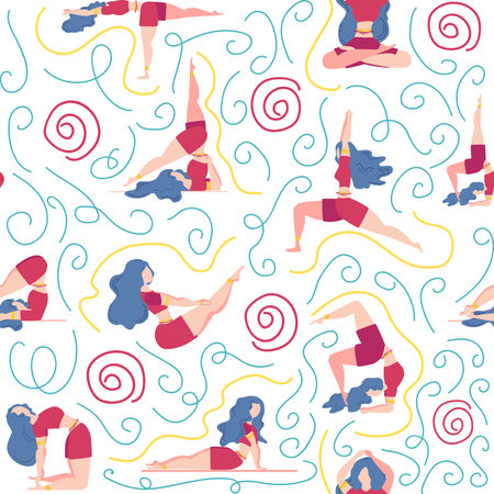 Seamless pattern Plus size curvy girls doing yoga class. Online home workout concept. Body positive. Attractive American woman.のイラスト素材