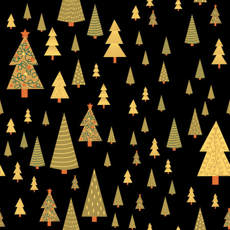 Christmas tree dense seamless pattern. golden christmas background, golden noel print, wrapping paper design.のイラスト素材