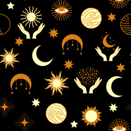 Magic seamless pattern with constellations, sun, moon, magic eyes, clouds and stars. Mystical esoteric background for designのイラスト素材