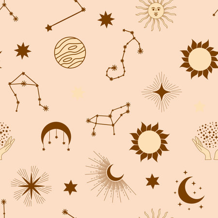 Magic seamless pattern with constellations, sun, moon, magic eyes, clouds and stars. Mystical esoteric background for designのイラスト素材