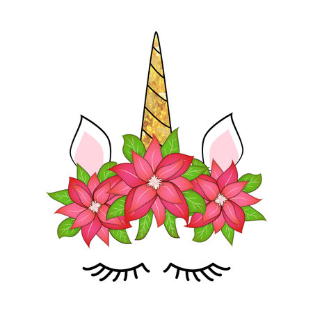Cute unicorn head with poinsettia flower crown, Christmasのイラスト素材
