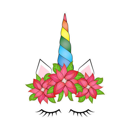 Cute unicorn head with poinsettia flower crown, Christmasのイラスト素材