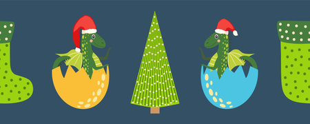 Seamless pattern with cute Christmas dragons, horizontal banner. Chinese New Year with dragons for 2024のイラスト素材