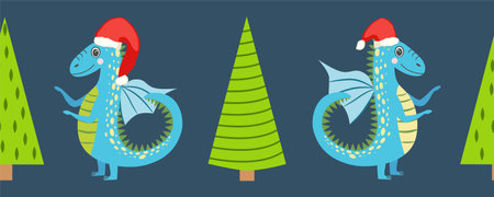 Seamless pattern with cute Christmas dragons, horizontal banner. Chinese New Year with dragons for 2024のイラスト素材