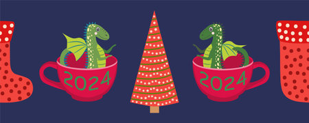 Seamless pattern with cute Christmas dragons, horizontal banner. Chinese New Year with dragons for 2024のイラスト素材