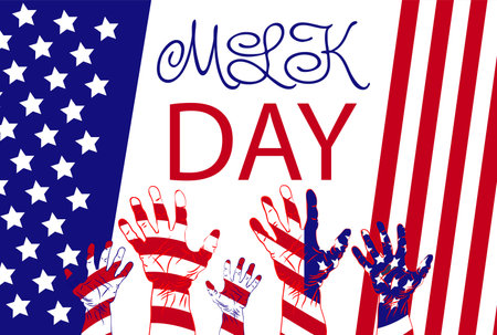 Martin Luther King Jr. Day greeting card design. MLK Day lettering inspirational quote, US flag background.のイラスト素材