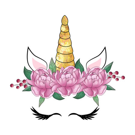 Cute unicorn head with flower crownのイラスト素材