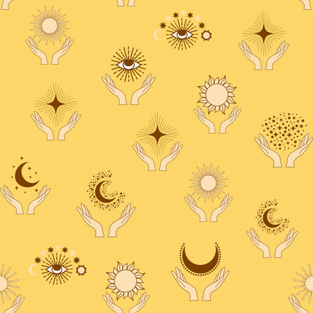 Magic seamless pattern with constellations, sun, moon, magic eyes, clouds and stars. Mystical esoteric background for designのイラスト素材