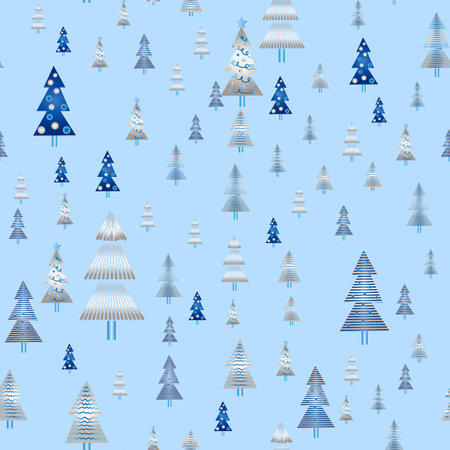 Winter forest scandinavian hand drawn seamless pattern. New Year, Christmas, holidays silver texture with Christmas treeのイラスト素材