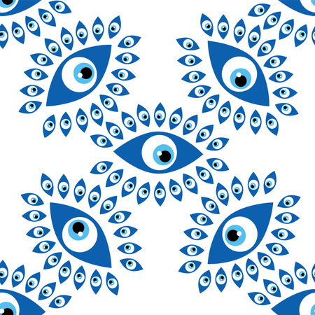 Seamless pattern with Turkish evil eye bead. Good luck. Turkish tile. Oriental ottoman designのイラスト素材