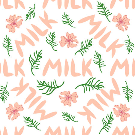 Cute seamless pattern of milk splashes and the inscription Milk, Cow, Love. Flat style for textile, packaging designのイラスト素材
