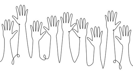 continuous single line drawing of a group of hands raised up. The concept of voting, elections, business team workのイラスト素材