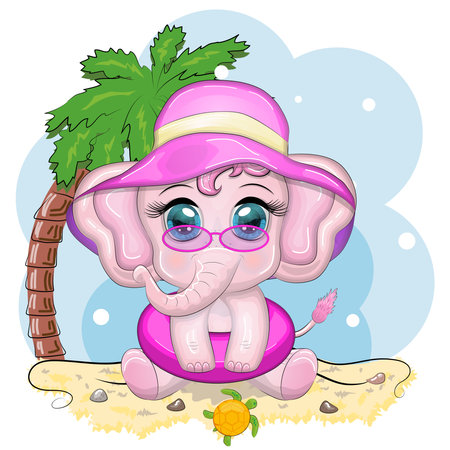 Cute cartoon elephant, children's character in a swimming circle and panama hat, summer, vacation, beachのイラスト素材