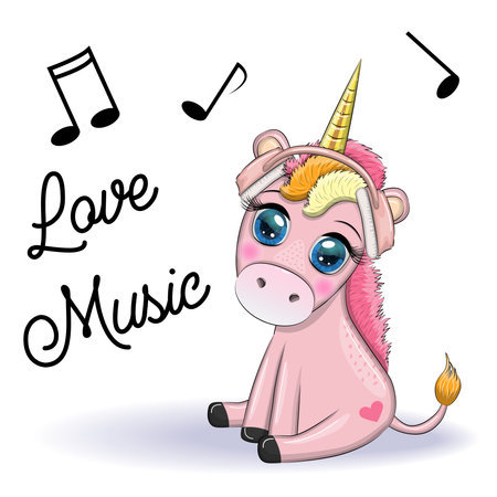 Cute Cartoon Unicorn with headphones, love for musicのイラスト素材
