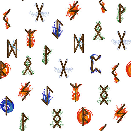 Hand drawn runic letters seamless pattern with elemental symbols. Magic signs and symbols of Scandinavian culture.のイラスト素材